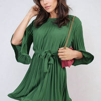 Pleated mini dress with tie waist and wide sleeves, green