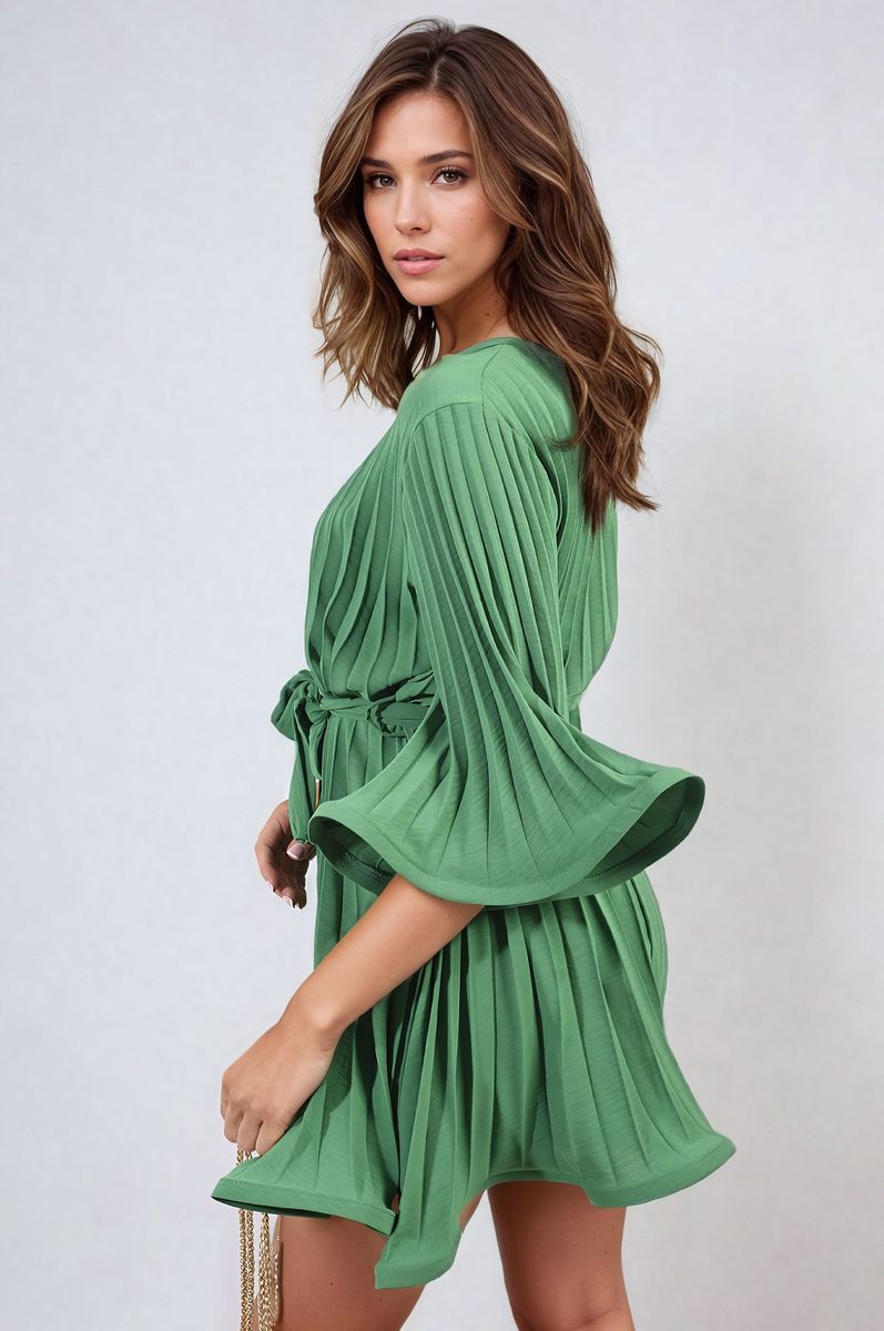 Green pleated mini dress with tie waist and flowing wide sleeve cuffs