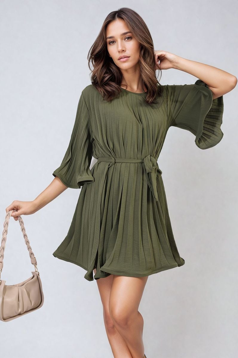 Olive green pleated mini dress with tie waist and wide sleeves, loose gathered skirt.