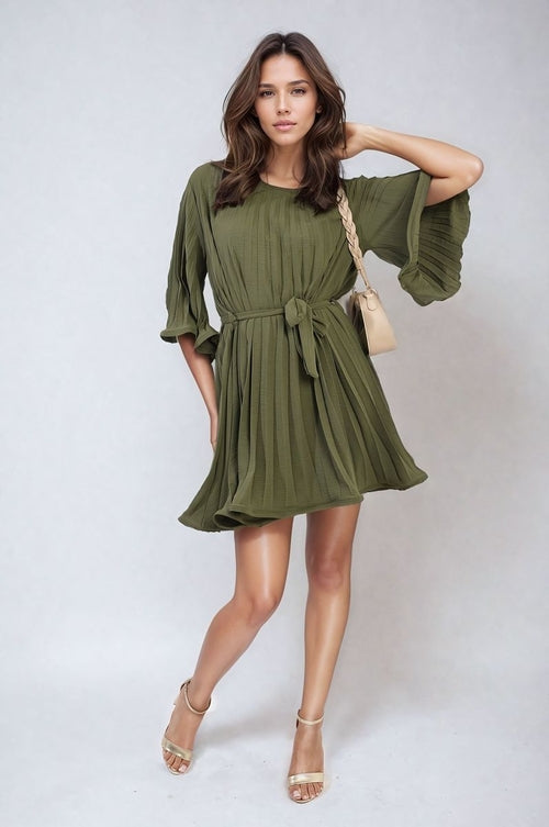Pleated mini dress with tie waist and wide sleeves, olive green
