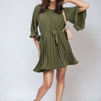 Pleated mini dress with tie waist and wide sleeves, olive green