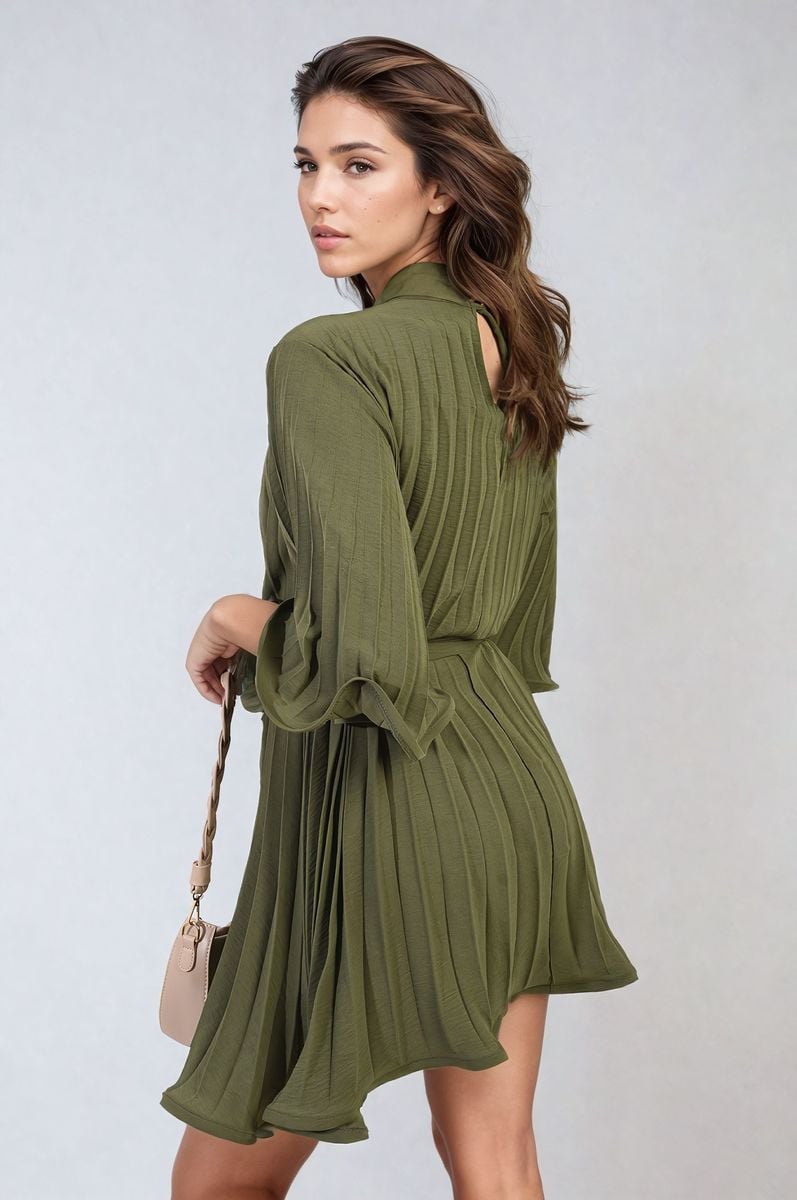 Olive green pleated mini dress with tie waist and wide sleeves, draped pleats.