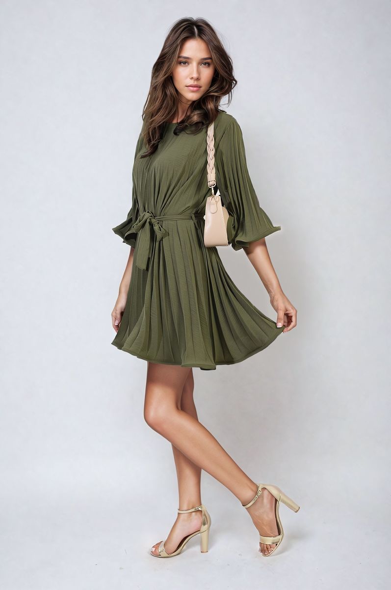 Olive green pleated mini dress with tie waist and wide sleeves, flared pleated skirt.