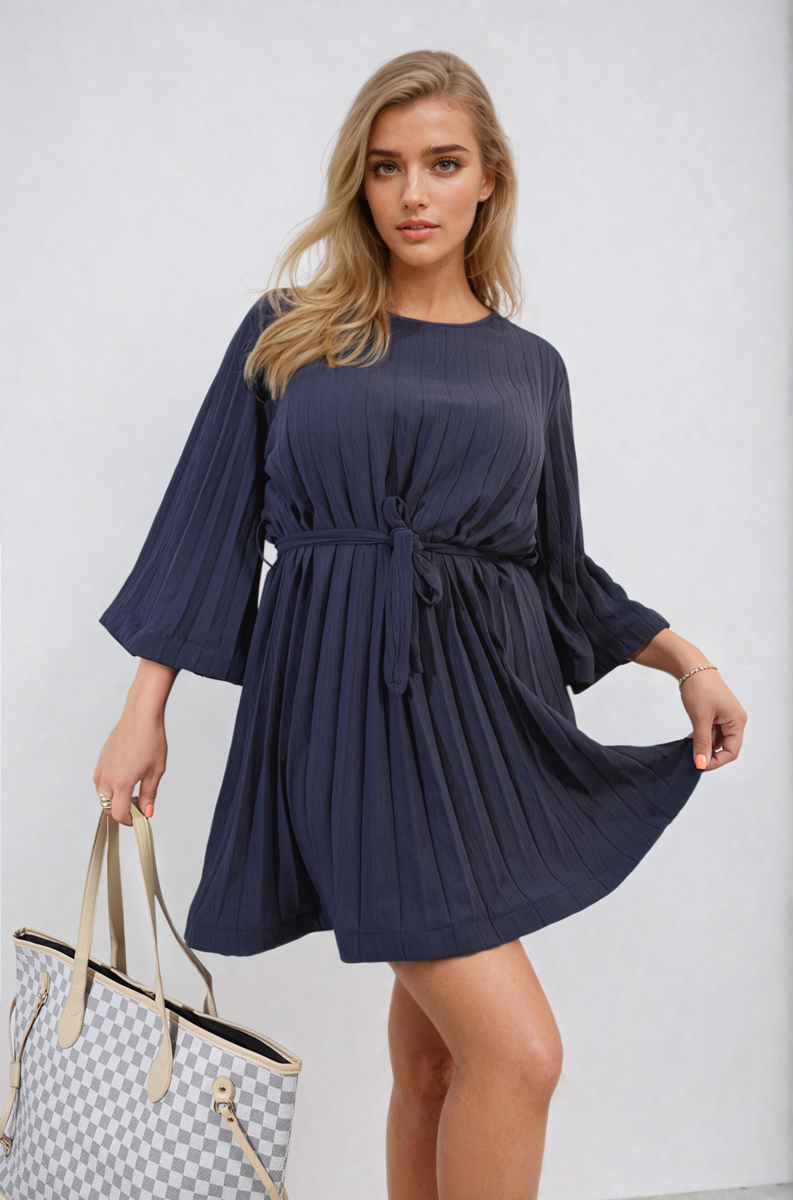 Navy pleated mini dress with tie waist and wide three-quarter sleeves