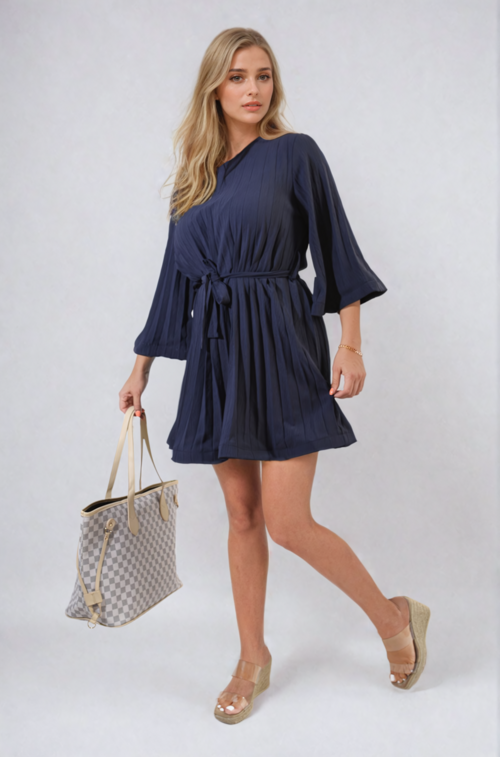 Pleated mini dress with tie waist and wide sleeves, navy blue
