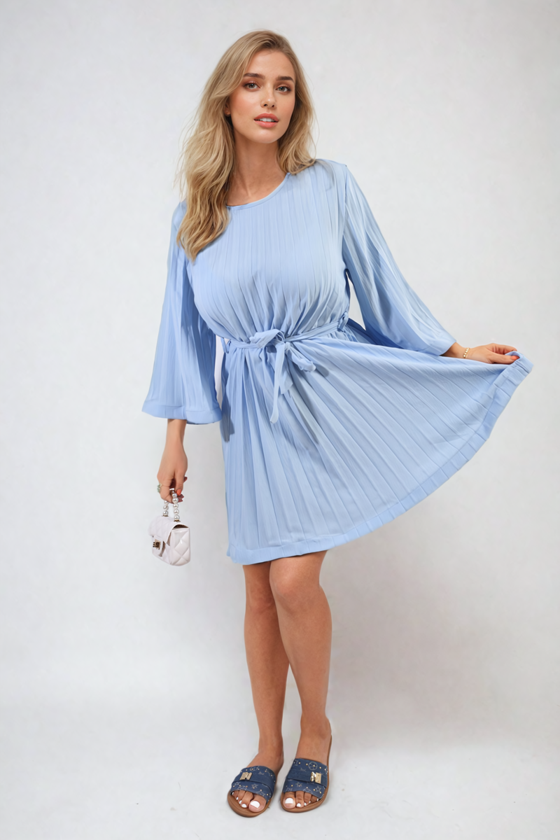 Light blue pleated mini dress with long sleeves tied at the waist