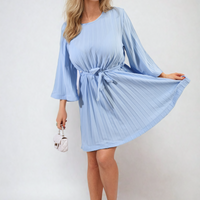 Light blue pleated mini dress with long sleeves tied at the waist