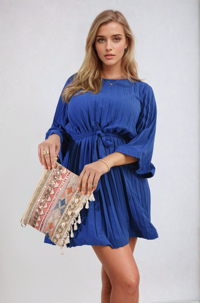 Royal blue pleated mini dress with tie waist and wide cuffed sleeves