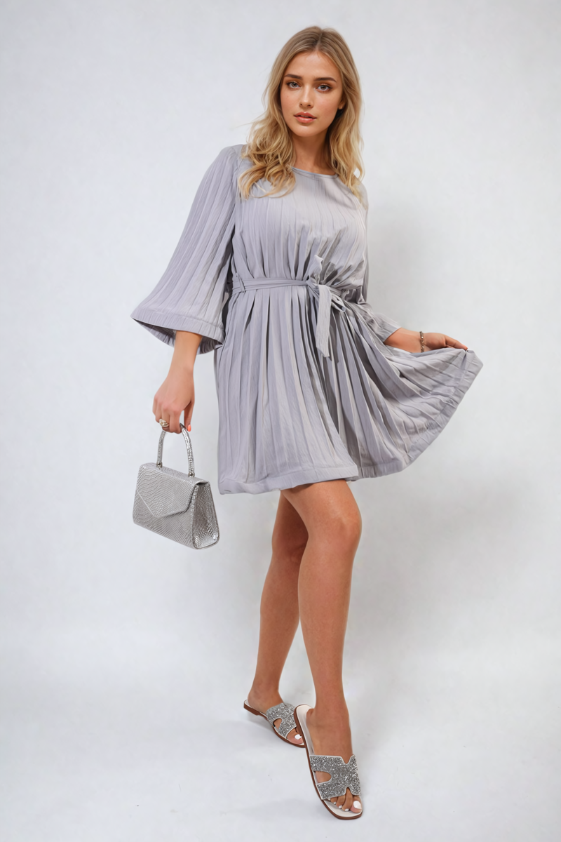 Grey pleated mini dress with tie waist and flared wide sleeves