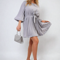 Grey pleated mini dress with tie waist and flared wide sleeves