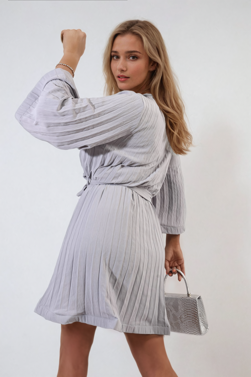 Grey pleated mini dress with tie waist and gathered wide sleeves