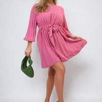 Pink pleated mini dress with tie waist and wide flared sleeves