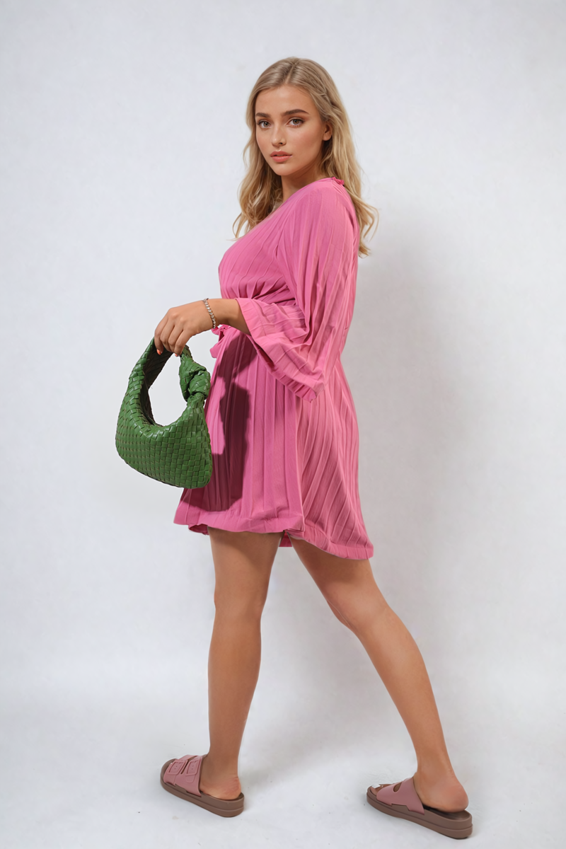 Pink pleated mini dress with tie waist and wide elbow sleeves