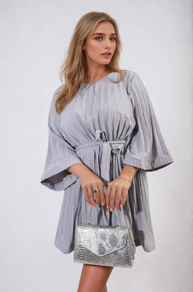 Grey pleated mini dress with tie waist and wide sleeves