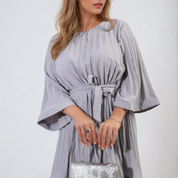 Grey pleated mini dress with tie waist and wide sleeves