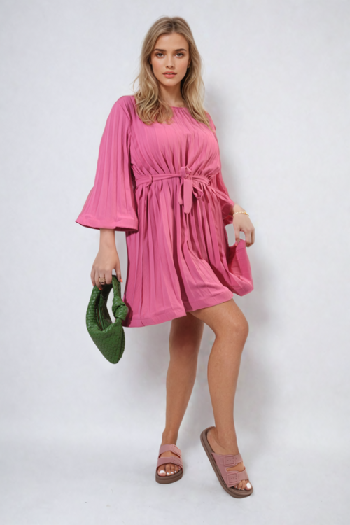 Pleated mini dress with tie waist and wide sleeves, pink