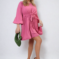 Pleated mini dress with tie waist and wide sleeves, pink