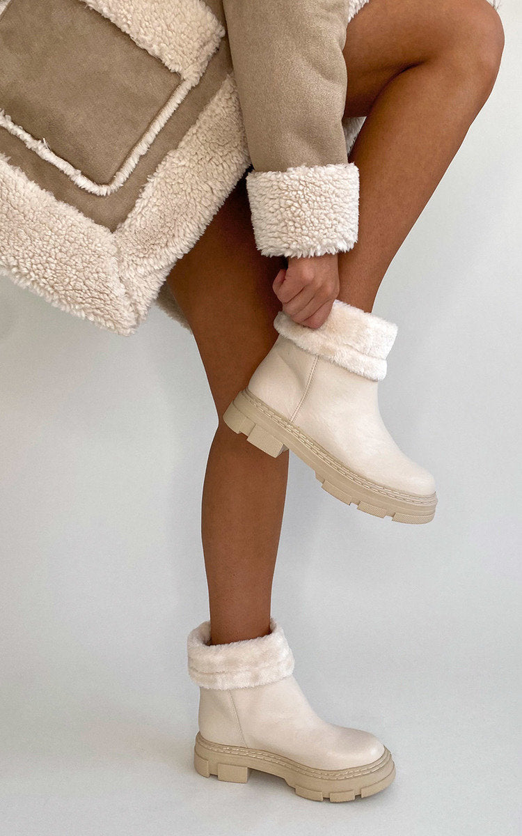 Ankle Boots in Cream with Fluffy Cuffs and Chunky Soles