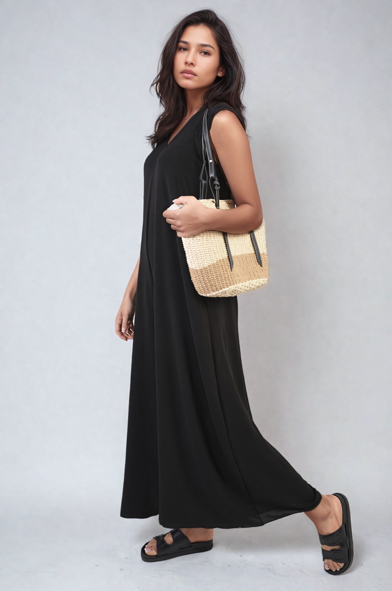 Black wide-leg jumpsuit with V-neck and sleeveless open-back design