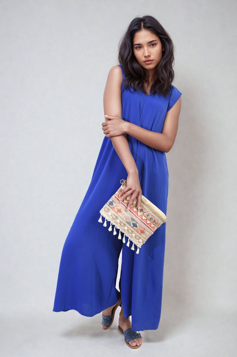 Royal blue wide-leg jumpsuit with V-neck and tied shoulder back detail