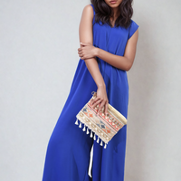 Royal blue wide-leg jumpsuit with V-neck and tied shoulder back detail