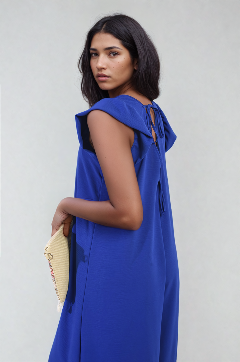 Royal blue wide-leg jumpsuit with V-neck and tied back strap detail