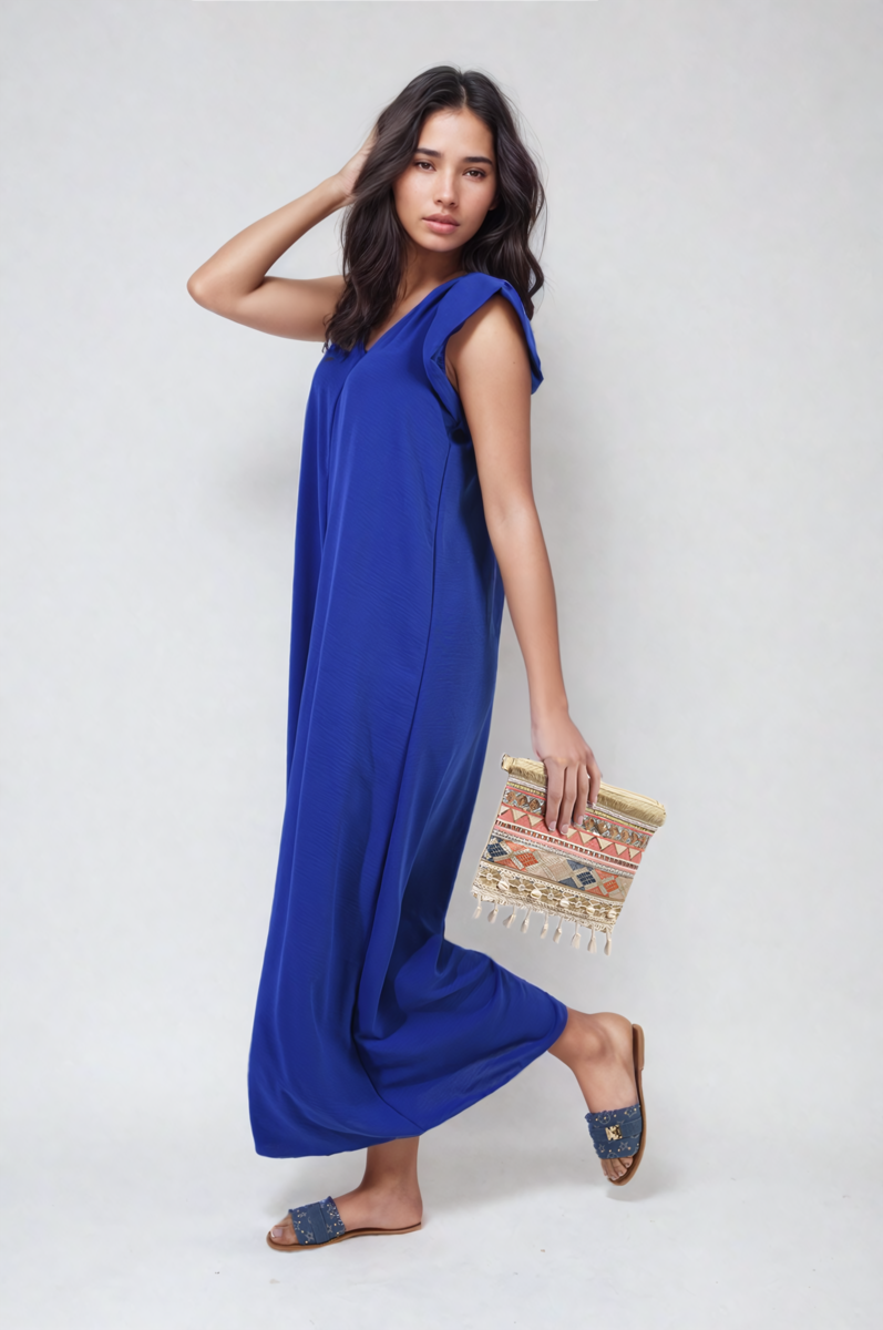 Wide-leg jumpsuit in royal blue with V-neck and ruffle cap sleeves
