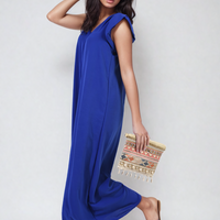 Wide-leg jumpsuit in royal blue with V-neck and ruffle cap sleeves