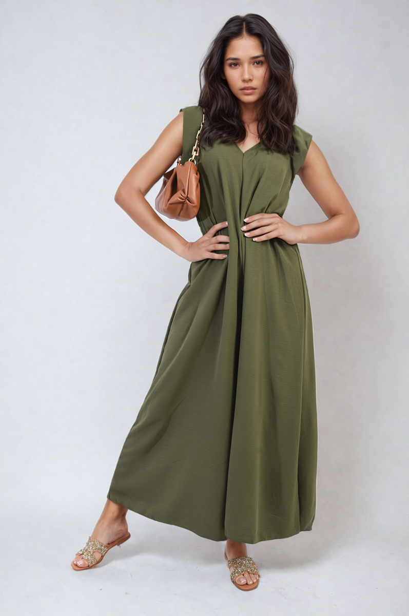 Olive green wide-leg jumpsuit with V-neck and sleeveless ruffle details