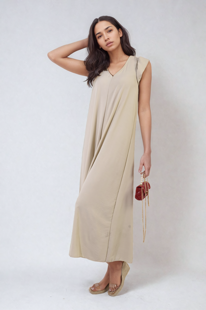 Wide-leg jumpsuit in light beige/cream with V-neck and draped sleeveless bodice