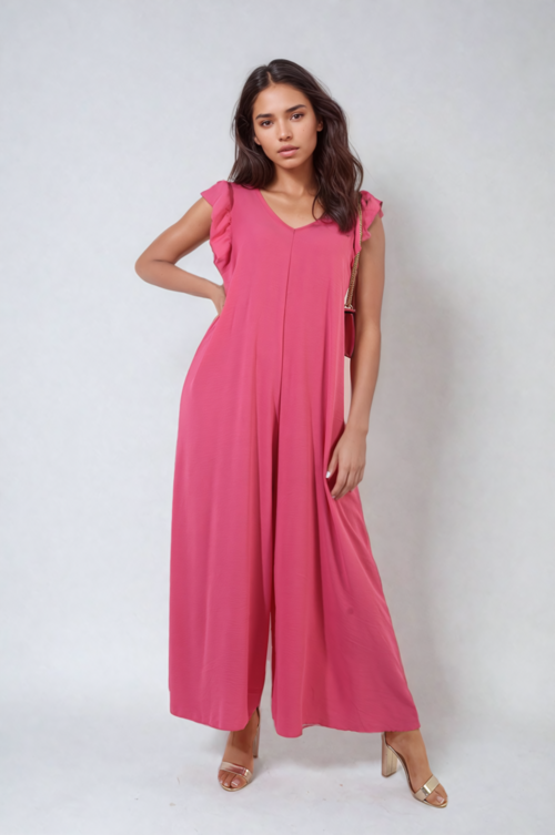 Wide-leg jumpsuit in pink with V-neck and ruffle cap sleeves