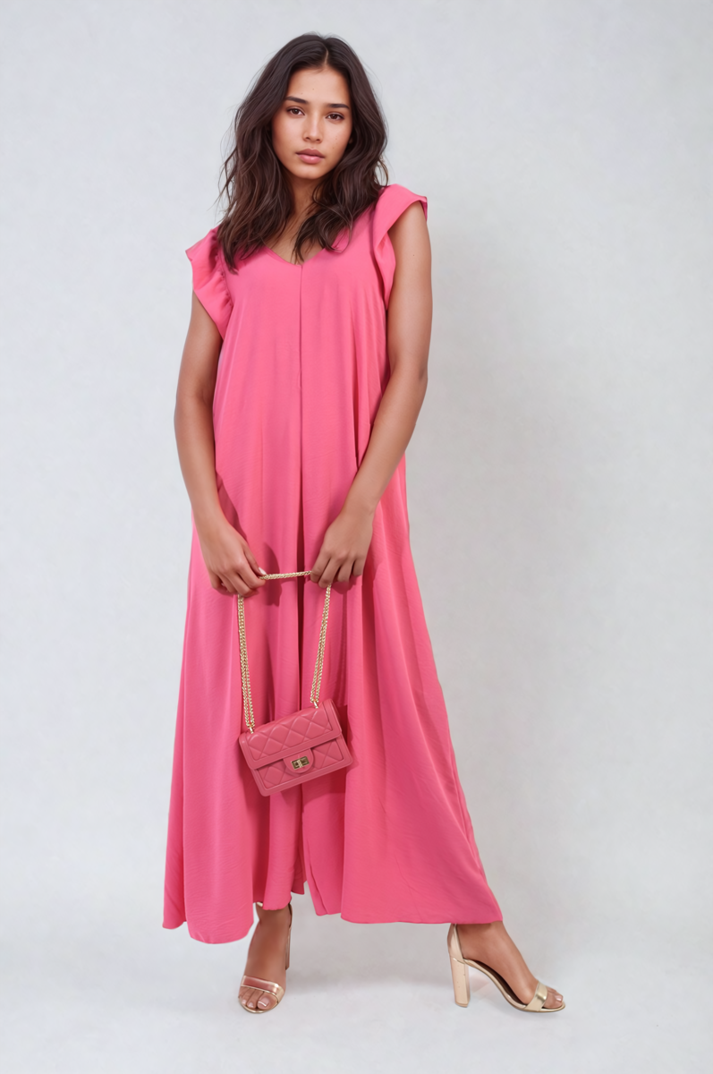 Fuchsia wide-leg jumpsuit with V-neck and ruffle sleeves, front view