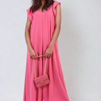 Fuchsia wide-leg jumpsuit with V-neck and ruffle sleeves, front view