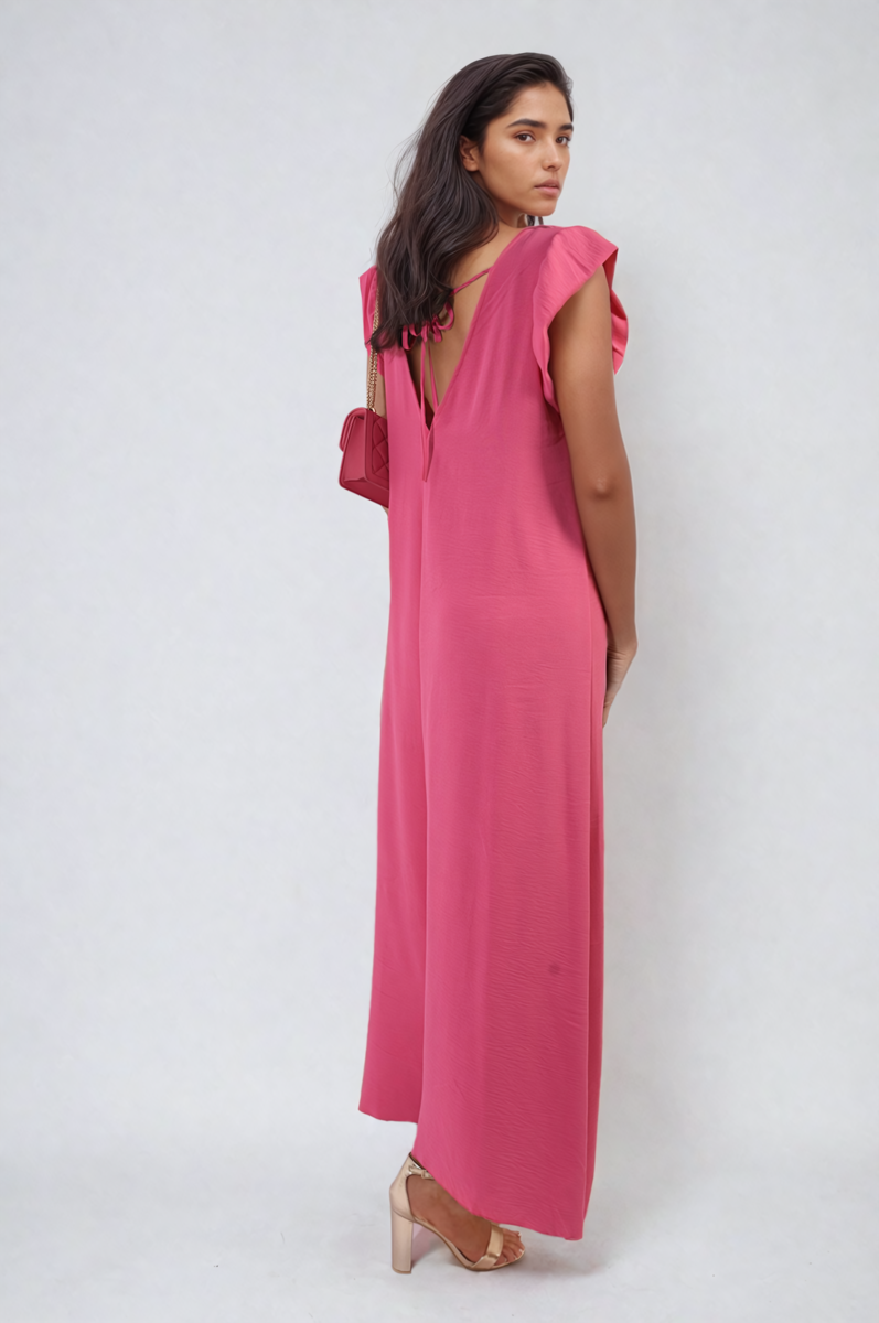 Pink wide-leg jumpsuit with V-neck and ruffle sleeves