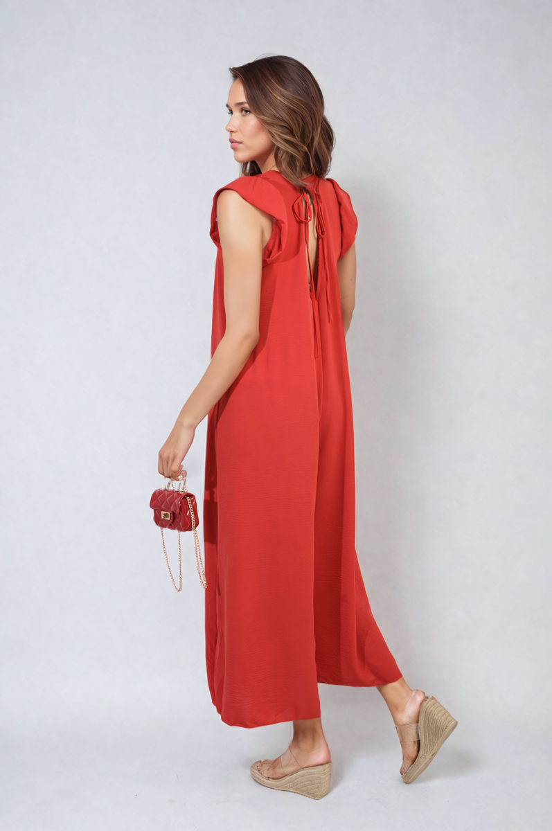 Red wide-leg jumpsuit, V-neck front and ruffle sleeves, side view