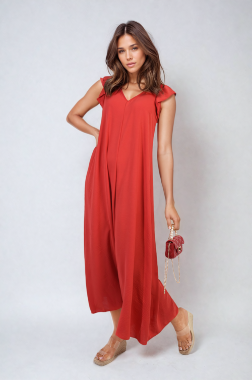 Wide-leg jumpsuit in red with V-neck and short ruffle sleeves