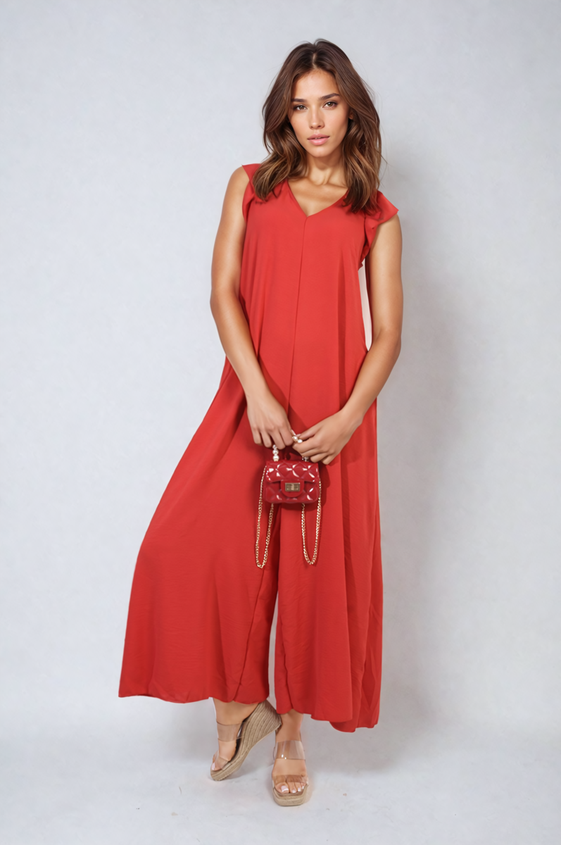 Red wide-leg jumpsuit with V-neck and ruffle sleeves, relaxed draped fit