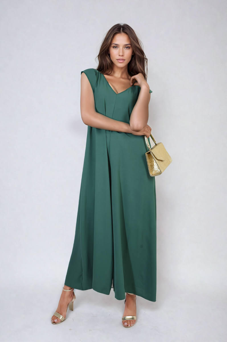 Green wide-leg V-neck jumpsuit with ruffle sleeves, front view