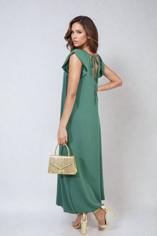 Green wide-leg jumpsuit with V-neck and ruffle sleeves, sleeveless long midi