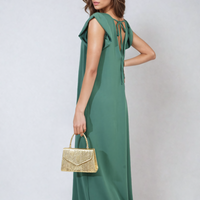 Green wide-leg jumpsuit with V-neck and ruffle sleeves, sleeveless long midi