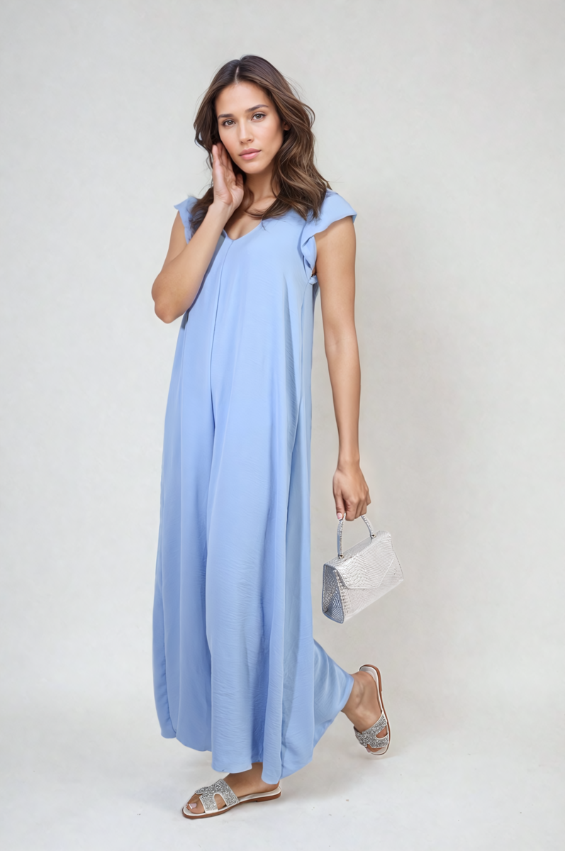 Sky blue wide-leg V-neck jumpsuit with ruffle sleeves, close front view