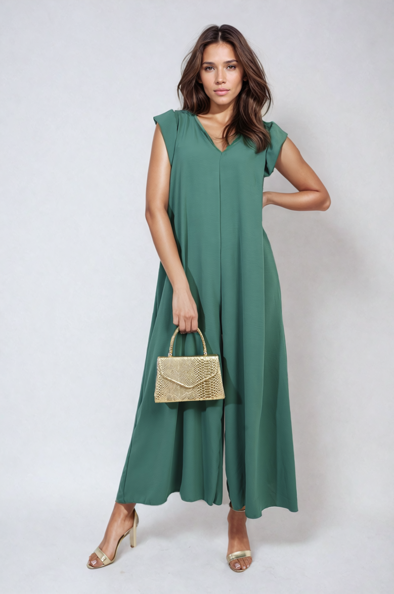 Green wide-leg jumpsuit with V-neck and ruffle sleeves, full-length side view