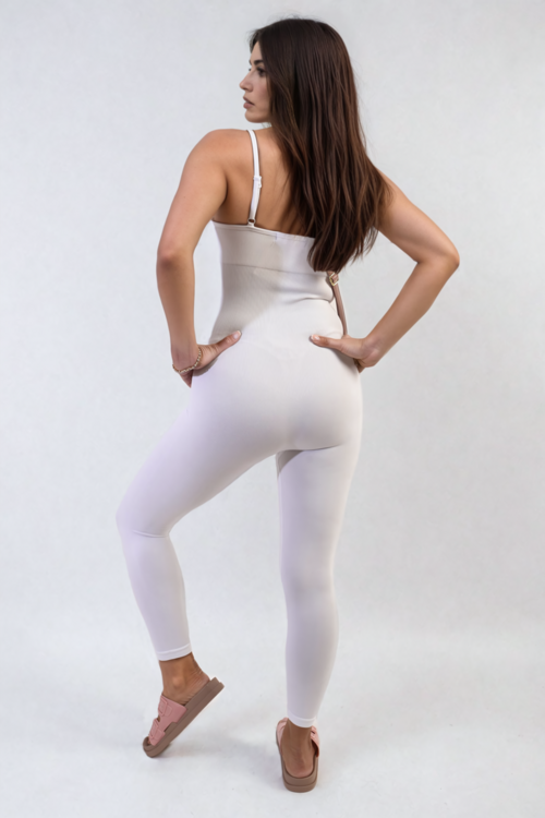 White bodycon jumpsuit with scoop neck and slim spaghetti straps