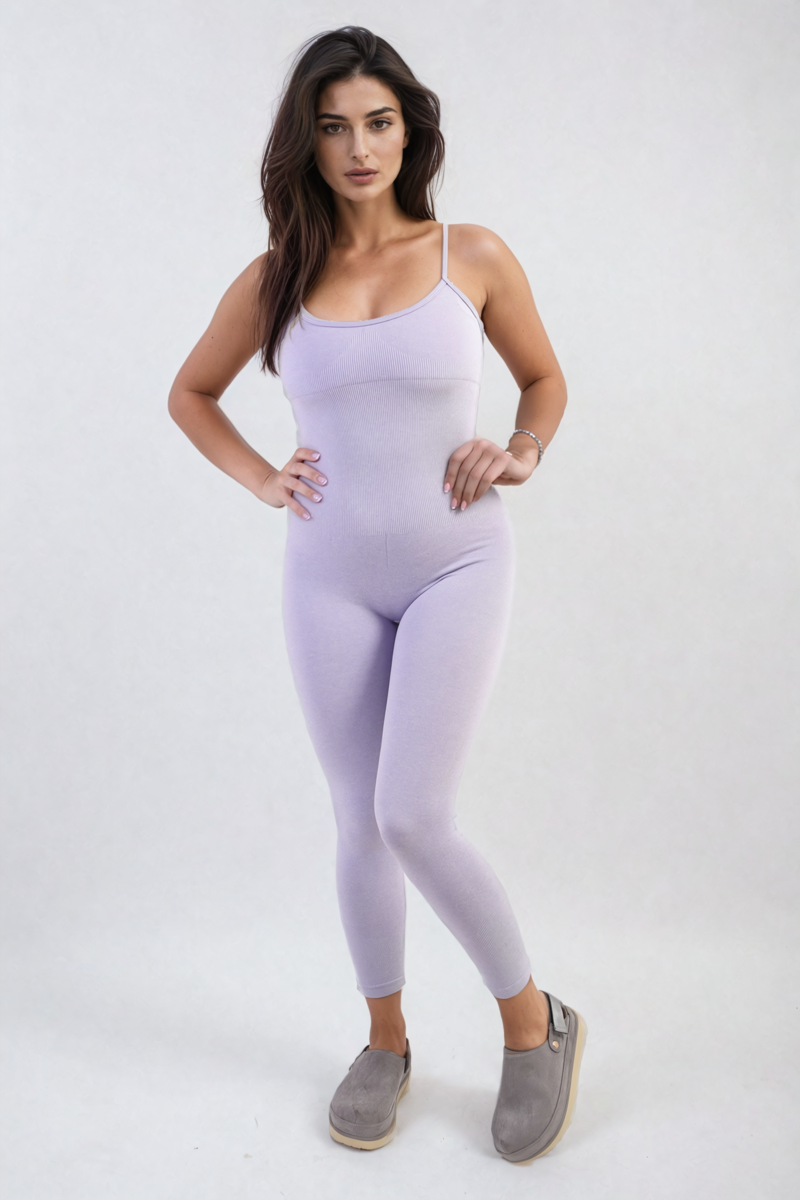 Lilac bodycon jumpsuit with scoop neck and slim straps, fitted full-length legs