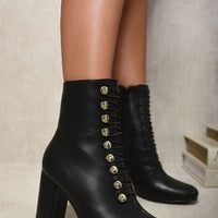 Button Detail Block Heel Lace Up Ankle Boots