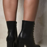 Button Detail Block Heel Lace Up Ankle Boots