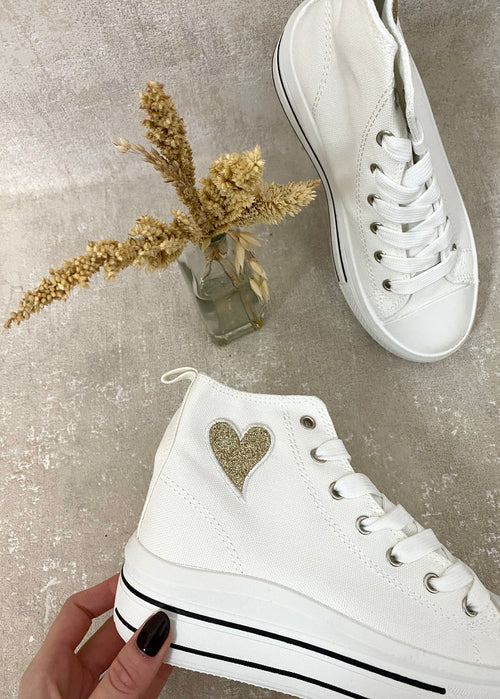 Kids white high-top lace-up trainers with glitter heart emblem and lace-up front