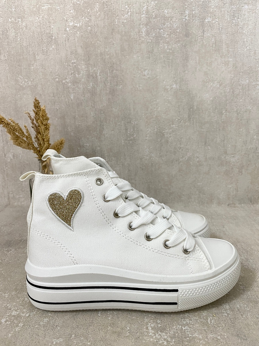 Kids white high-top lace-up trainers with glitter heart patch and metal eyelets