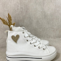 Kids white high-top lace-up trainers with glitter heart patch and metal eyelets