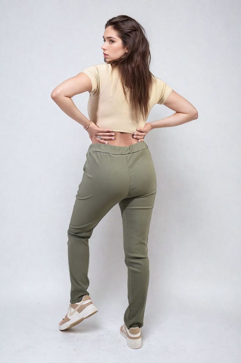 Olive khaki drawstring tapered trousers with side pockets and ankle-length fit